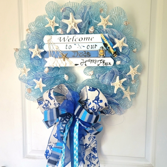Beach Wreath Nautical Seagull Starfish Deco Mesh Bow Coastal Blue Teal Navy - Picture 11 of 11